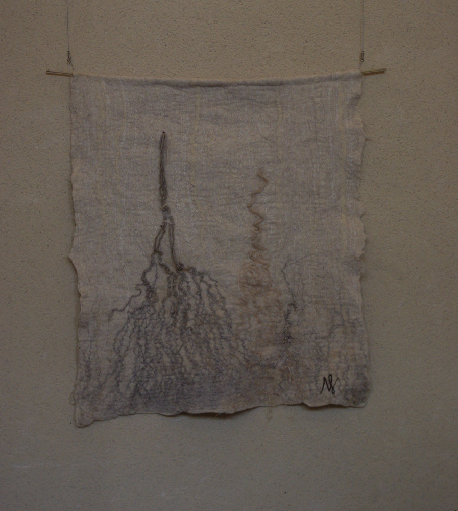 "racines", laine Xaxi Ardia, corde, ficelle, fils filés au rouet, 130x160cm, 2015